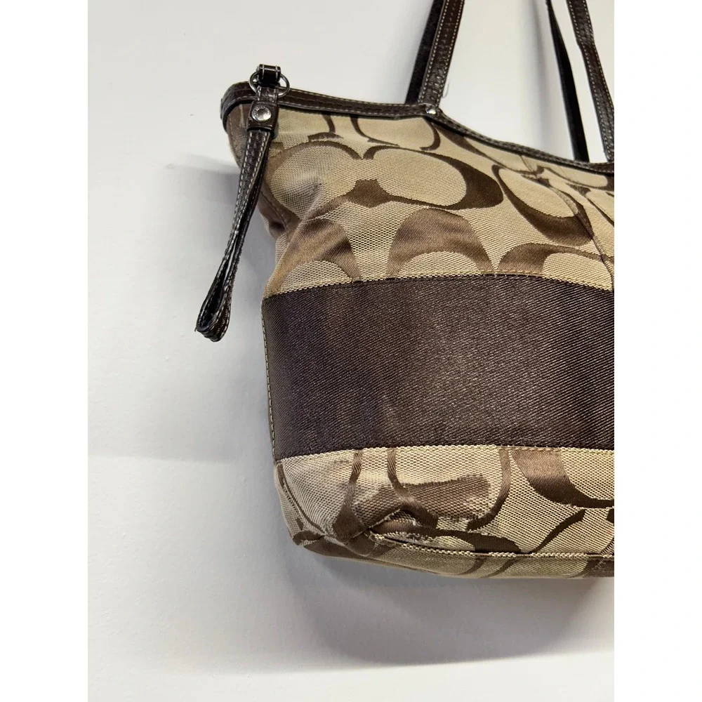 Coach Signature Canvas Tote Brown Tan Leather Trim Shoulder Bag - Picture 4 of 12